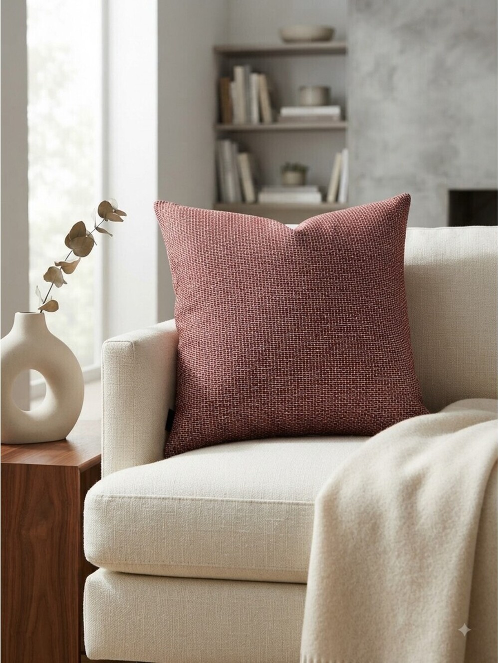 Newport Luxury Woven Throw Pillow – 22" x 22" Down-Filled (Burgundy / Crimson)